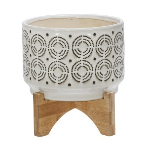 Sagebrook Home 8"H 7" Diameter Ivory and Gray Swirl Pattern Ceramic Planter on Bamboo Wood Stand for Living Room, Dining Room, or Patio - 1 of 4