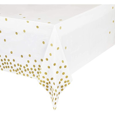 Sparkle And Bash White And Gold Tablecloth With Gold Polka Dot Confetti ...