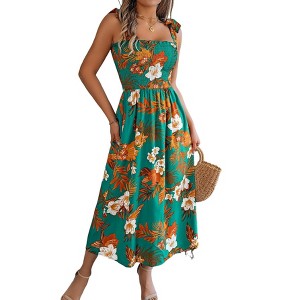 Womens Summer Floral Maxi Dresses Sleeveless Smocked Spaghetti Strap A Line Flowy Beach Long Desses - 1 of 4