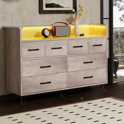 Dresser with Power Outlet and LED Lights, Wood 8 Drawer Dresser for Bedroom