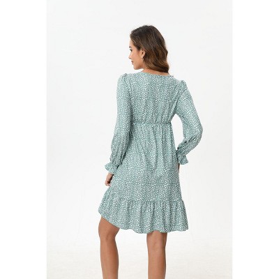 A heart-shaped collar long sleeved printed short maternity dress with leopard green print (print) Leopard green print_L
