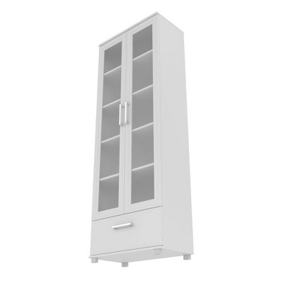 White 71.85" Bookcase with Frosted Glass Doors and Drawer