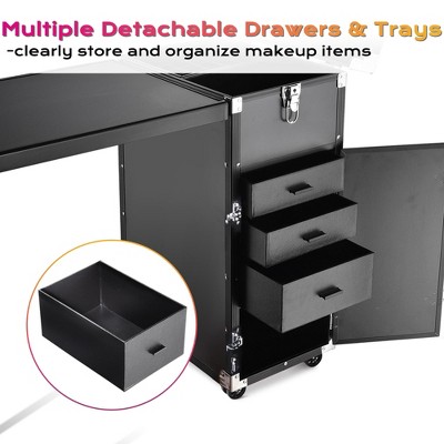 Black Aluminum Rolling Makeup Train Case with Expandable Table