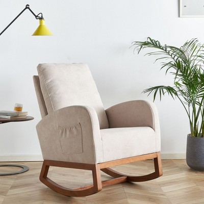 TOAOTBNBO Rocking Arm Chair with Two Side Pocket, Recliner Lazy Lounge Accent Chair with Wood Legs Rocking Accent Chair for Rest Room, Beige