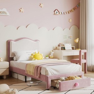 Upholstered Kids Twin Bed Frame,Noise-Free Toddler Platform Bed Frame with Headboard and Storage Drawer - 1 of 4