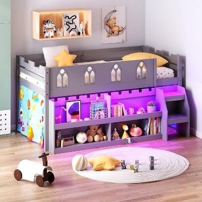 JOYMOR Low Loft Bed Twin Size with LED Lights, 4 Storage Shelves, Removable Curtain, Kids Wood Loft Bed with 15" H Safety Guardrail