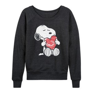 Women's - Peanuts - Snoopy With Heart Lightweight French Terry Wide Neck Long Sleeve Shirt - 1 of 4