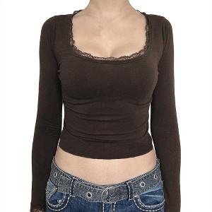 Women's Lace Trim Square Neck Long Sleeve T-Shirt Slim Fit Crop Tops - 1 of 4