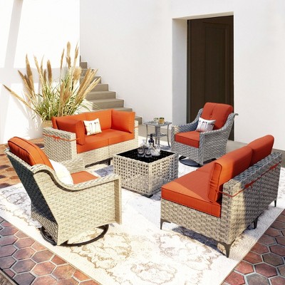 XIZZI 8PCS Furniture Set, Modular Sectional Sofa with Swivel Rocking Chairs and Side Table, Outside Coversation Set with Solar Coffee Table