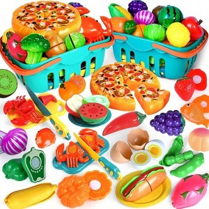 100 PCS Cutting Play Food Toy Kitchen, Pretend Food Toys , Play Kitchen Accessories with 2 Baskets, Birthday Gift Multicolor Standard - 1 of 4
