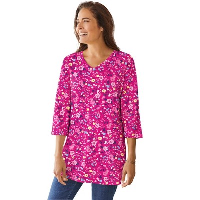 Woman Within Plus Size Perfect Printed Three-Quarter-Sleeve V-Neck Tunic