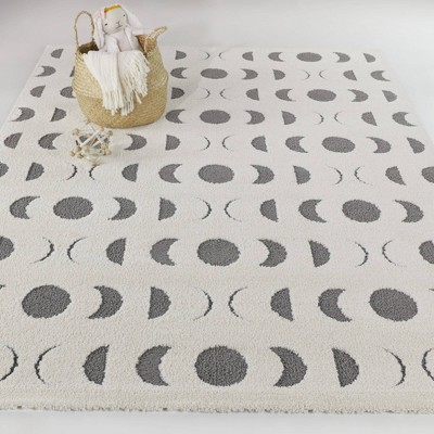 Cream and Gray Geometric Moon Phases Kids' Rug 5'3" x 7'