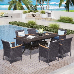 Captiva Designs Outdoor 7Pc Cast Aluminum Square Metal Dining Table with Umbrella Hole & Cushioned Wicker Rattan Chairs - 1 of 4