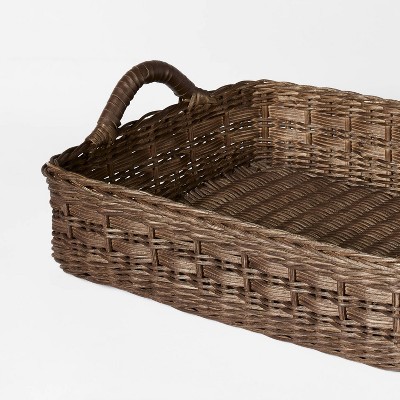 Dark Brown Rectangular Rattan Tray with Leather Handles