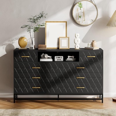 8 Drawer Wooden Dresser for Bedroom with Gold Handles, Wide Modern TV Stand for 55 Inch, Wood Storage Chest for Living Room and Bedroom