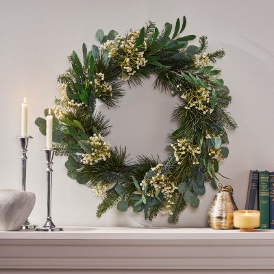 DOMETOUR 30 Inch Artificial Christmas Wreath, Eucalyptus Leaves Pine Twigs Stars Wreath for Front Door Home Christmas Decor Indoor Outdoor