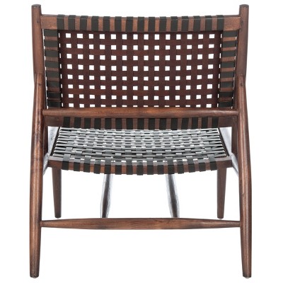 Transitional Brown Leather and Sungkai Wood Armless Accent Chair