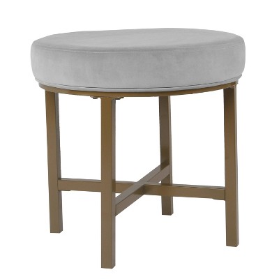 Round Shape Metal Framed Ottoman with Velvet Upholste Seat Gray/Brown - Benzara