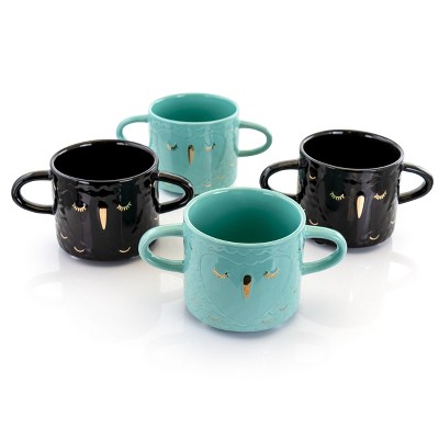 Gibson Home 4 Piece Lashes 24.5 Ounce Stoneware Figural Mug Set in Teal and Black