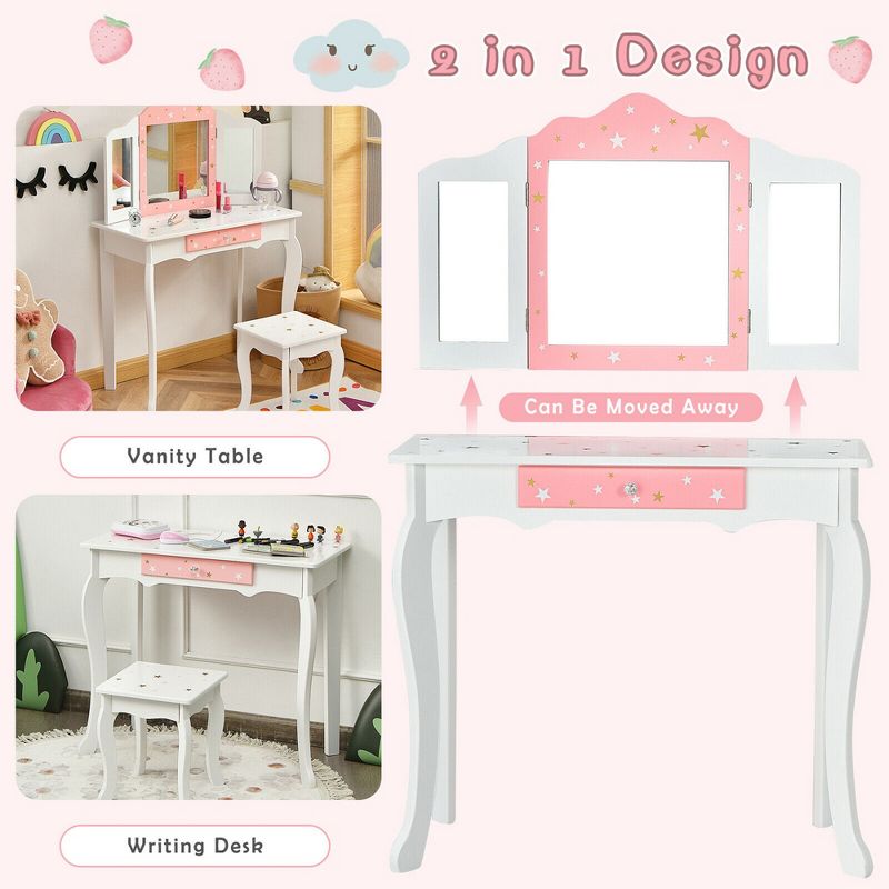 Costway Kids Vanity Princess Makeup Dressing Table Chair Set W/ Tri-folding Mirror, 5 of 11
