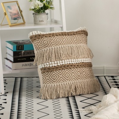 Natural Handwoven Cotton Throw Pillow with Fringed Pattern