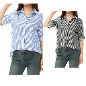 Allegra K Women's Striped Button Down Roll-up Long Sleeves Point Collar Shirt 2 Packs - 1 of 4