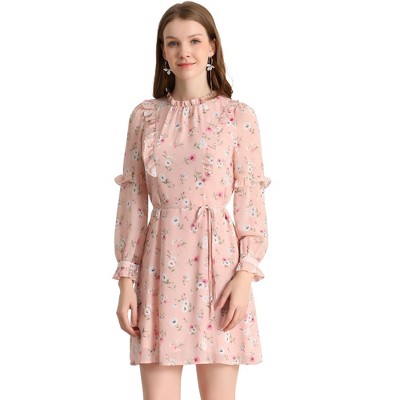 Allegra K Women's Floral Mock Neck Tie Waist Ruffle Shift Chiffon Dress
