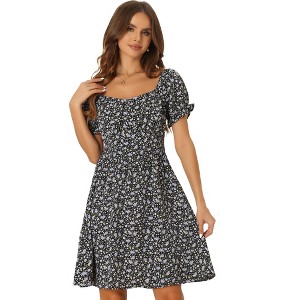 Allegra K Women's Floral Sweetheart Neck Smocked Back Puff Short Sleeves Midi Dress - 1 of 4