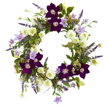 22" Artificial Mixed Flower Wreath Purple/White - Nearly Natural