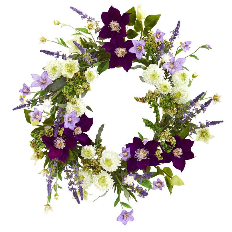 22&#34; Artificial Mixed Flower Wreath Purple/White - Nearly Natural, 1 of 7
