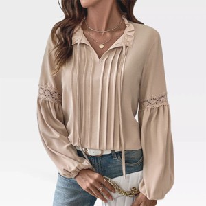 Womens Long Sleeve Tops Ruffled Neckline Peasant Blouse with Embroidered Lantern Sleeve Front Pleated Blouse Fall Fashion Outfits - 1 of 4