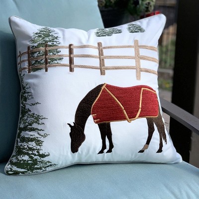 Winter Chill Embroidered Horse Outdoor Throw Pillow