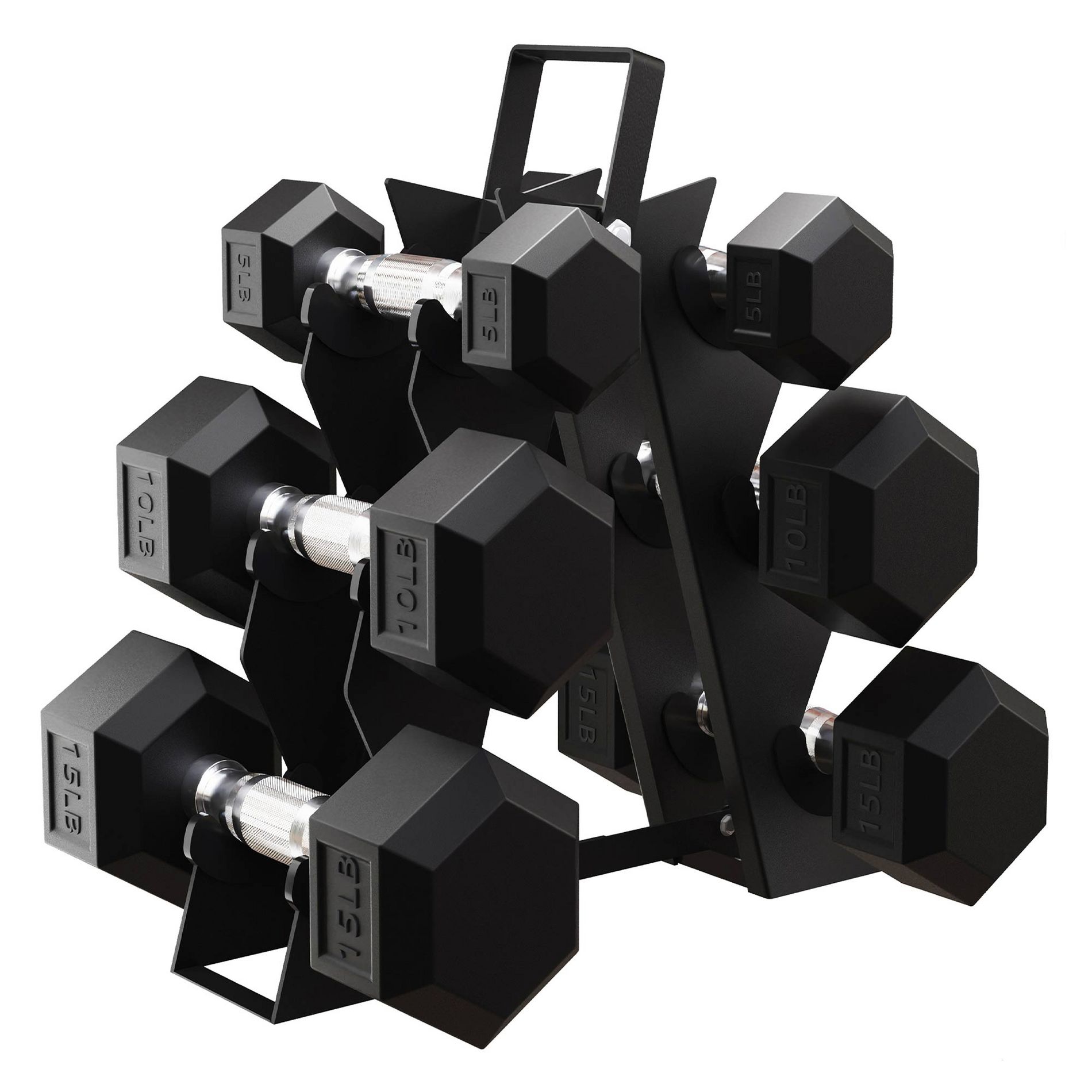 BalanceFrom Fitness Signature Alloy Steel Rubber Encased Hex Textured Dumbbell Workout Set w/Rack and 3 Pairs of 5, 10, and 15 Pound Weights, Black