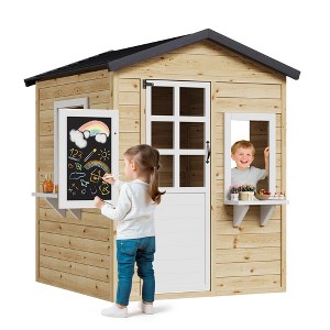 Wooden Kids Playhouse Cottage – Indoor/Outdoor Toddler Playhouse with Chalkboard, Windows & Flowerpot Holders for Imaginative Play - 1 of 4