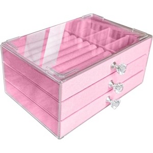 3-Drawer Acrylic Jewelry Organizer with Velvet Lining, Stackable Display Storage Case for Earrings & Necklaces, Pink - 1 of 4