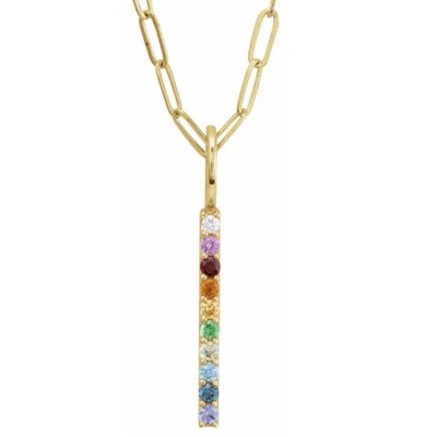Pompeii3 14K Yellow Natural Multi-Gemstone Rainbow Bar Pendant 1" Tall 18" Necklace
