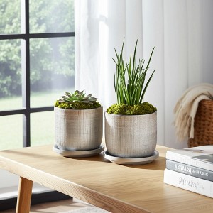 Stone Ceramic Saucer Planters for Modern Indoor Home Decor, Set of 2 - 1 of 4