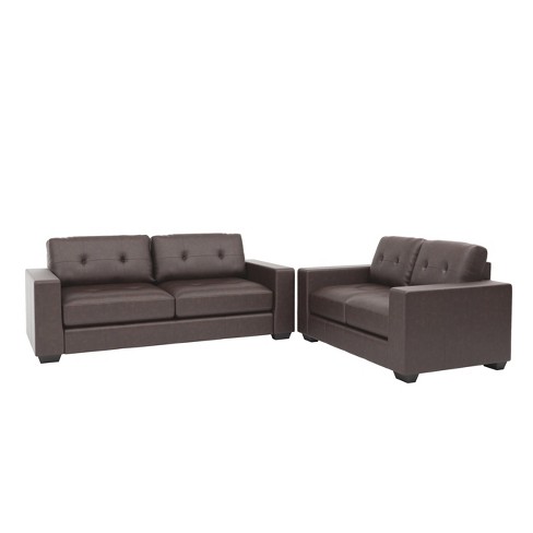 Corliving 2pc Club Tufted Bonded Leather Sofa Set Chocolate Brown