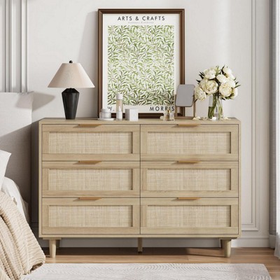 ALEXOUN 6 Drawer Dresser for Bedroom,Rattan Modern Drawer Chest,Wooden Standing Storage Cabinet, for Entrance,Living Room,Hallway,Natural Color