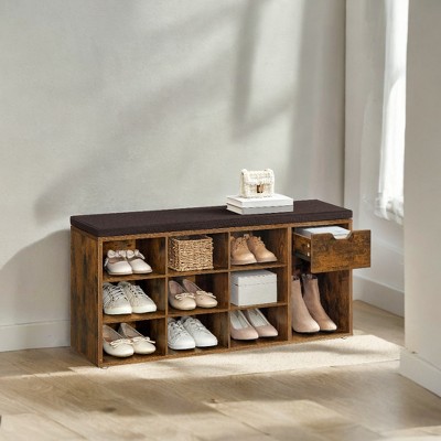 Storage Bench, Entryway Bench with Cushion, Drawer and Open Compartments, Bench with Storage, for Living Room, Bedroom, Closet