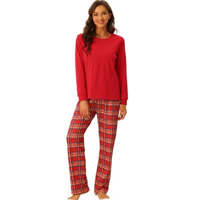 cheibear Christmas Long Sleeve Solid Tops Tee with Plaid Pants Family Pajama Sets Red