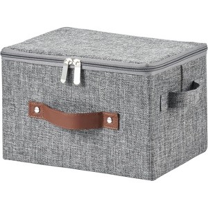 Storage Bins with Zipper Lid Cotton Linen Fabric Lidded Storage Baskets Boxes Foldable Washable with PU Leather Handles (Gray, Small Size) - 1 of 4