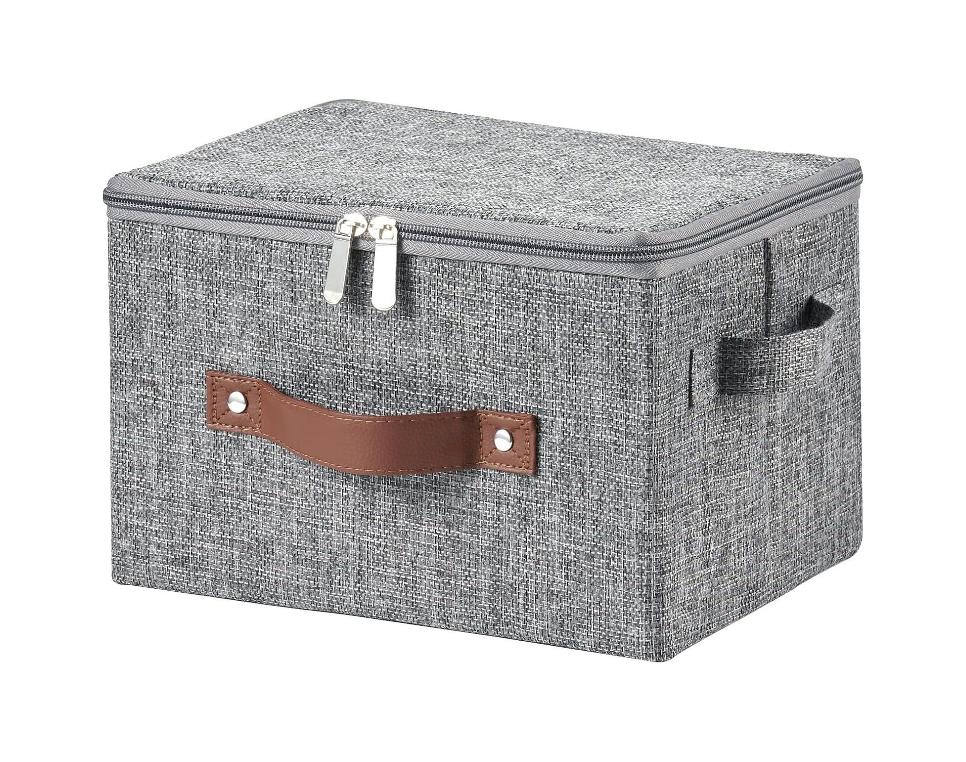 Storage Bins with Zipper Lid Cotton Linen Fabric Lidded Storage Baskets Boxes Foldable Washable with PU Leather Handles (Gray, Small Size)