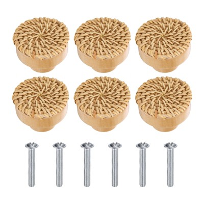 Unique Bargains Rattan Wood Handmade Round Dresser Cabinet Knobs with Screws
