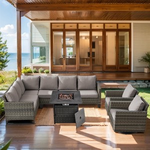 Buenhomino Outdoor Sectional Patio Furniture Set with Fire Pit Table,6 Pieces Wicker Conversation Sets L Shaped Couch with Swivel Chairs - 1 of 4
