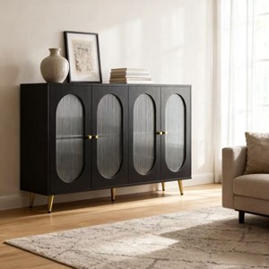 Homy Casa 4-Door Decorative Storage Cabinet with Fluted Doors and Metal Legs for Living Room or Dining Area, Black - 1 of 4