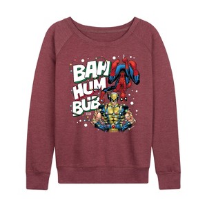 Women's - Marvel - Bah Hum Bub Wolverine And Deadpool Lightweight French Terry Wide Neck Long Sleeve Graphic Shirt - 1 of 4