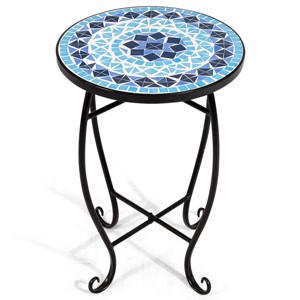 Costway Outdoor Indoor Accent Table,Mosaic Patio Table, Plant Stand Cobalt Blue Color Scheme Garden Steel - 1 of 4