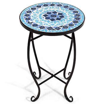 Costway Outdoor Indoor Accent Table,Mosaic Patio Table, Plant Stand Cobalt Blue Color Scheme Garden Steel