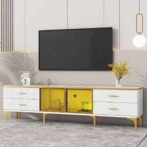 LED TV Stand with Marble-veined Table Top for TVs Up to 78'',Golden Legs & Handles for Living Room,White - 1 of 4
